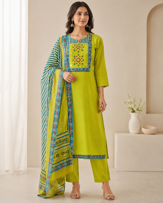 Chunrii Lime Green Embroidered 3-Piece Suit Set