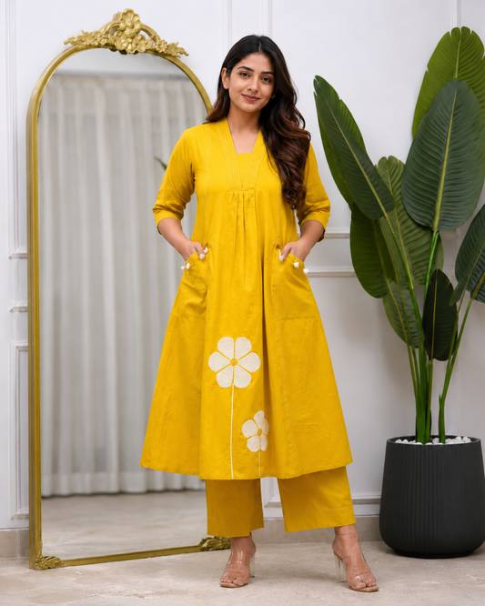 Mustard Yellow Cotton Floral Kurta Pant Set