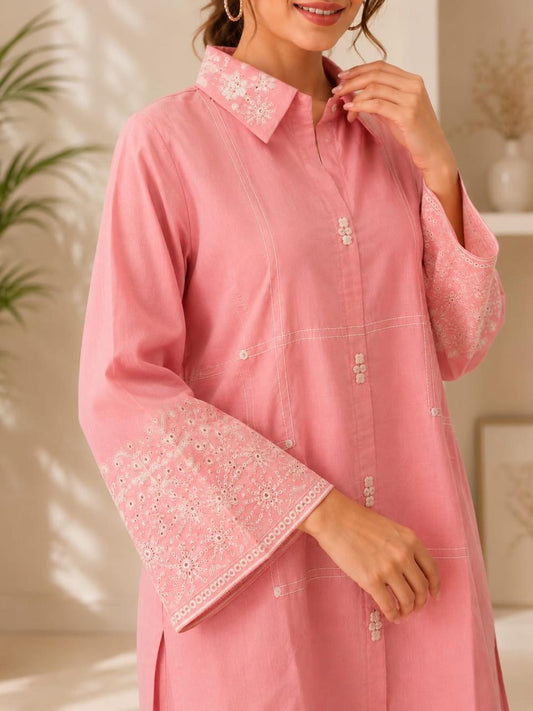 Chunrii Pink Embroidered Pure Cotton Co-Ord Set