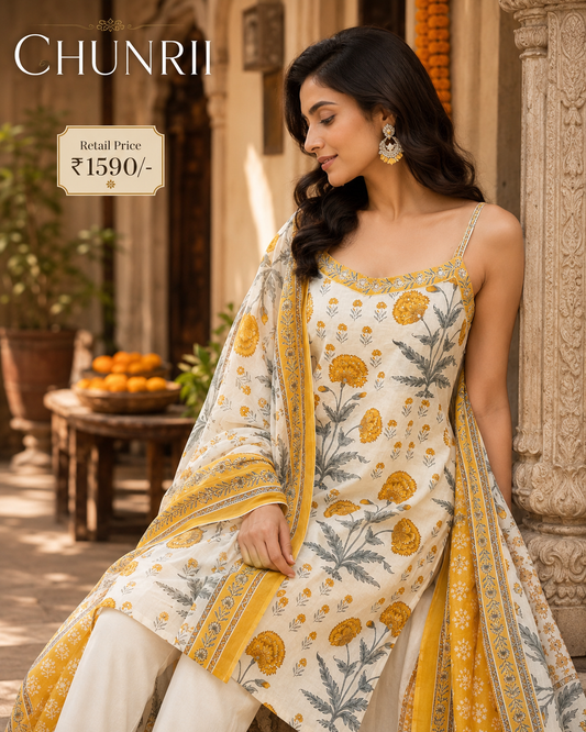 Ivory Blooms Mustard Kurta Set