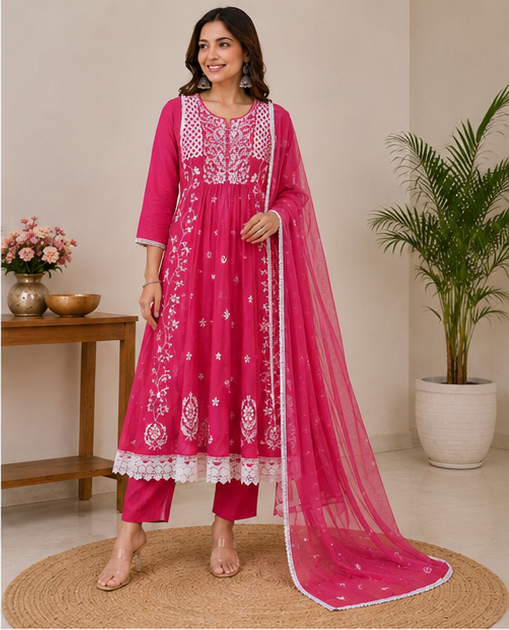 Chunrii Rani Pink Embroidered Mul Cotton Suit Set with Kota Doria Dupatta
