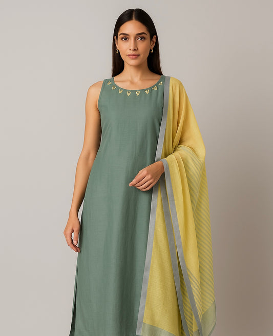 Olive Green Kurta Set with Jaquard Dupatta