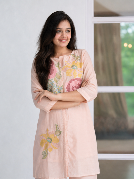 Blush Pink Floral Embroidered Mul Chanderi Co-Ord Set