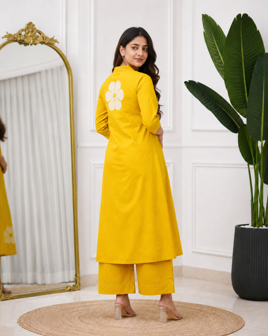 Mustard Yellow Cotton Floral Kurta Pant Set