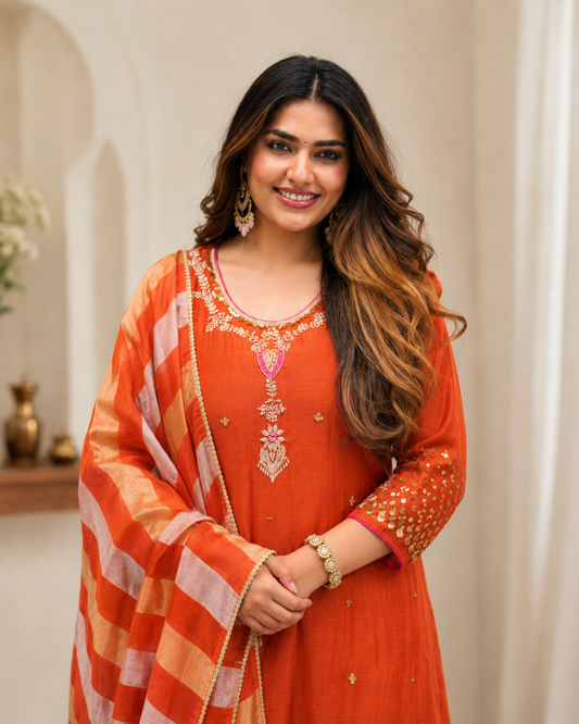 Chunrii Orange Embroidered Mul Chanderi Suit Set with Striped Dupatta