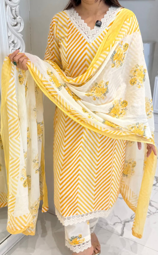 Yellow Chevron Floral Cotton Suit Set