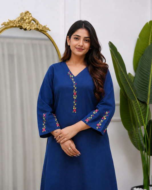 Chunrii Royal Blue Embroidered Flex Cotton Kurta Pant Set
