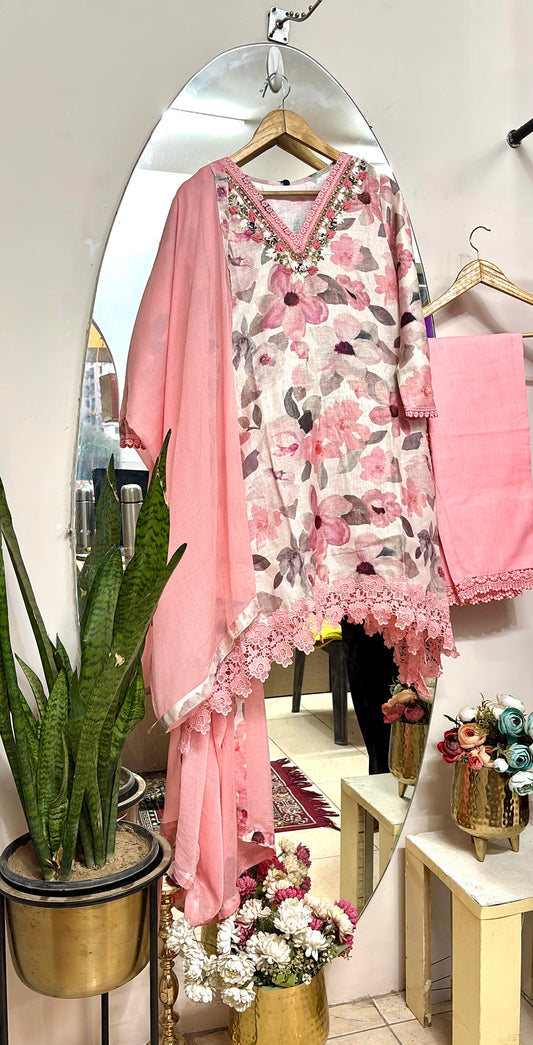 Blush Bloom Linen Embroidered Suit Set