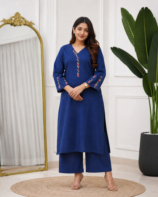 Chunrii Royal Blue Embroidered Flex Cotton Kurta Pant Set