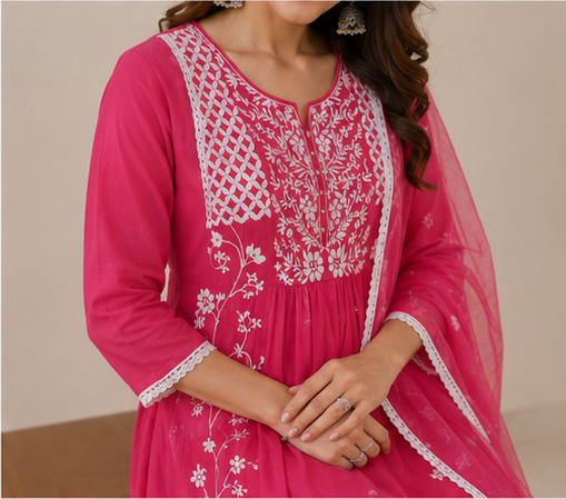 Chunrii Rani Pink Embroidered Mul Cotton Suit Set with Kota Doria Dupatta