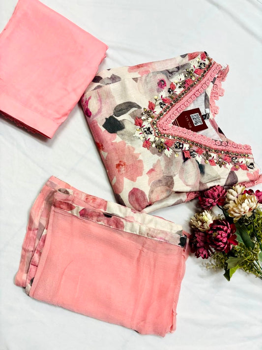 Blush Bloom Linen Embroidered Suit Set