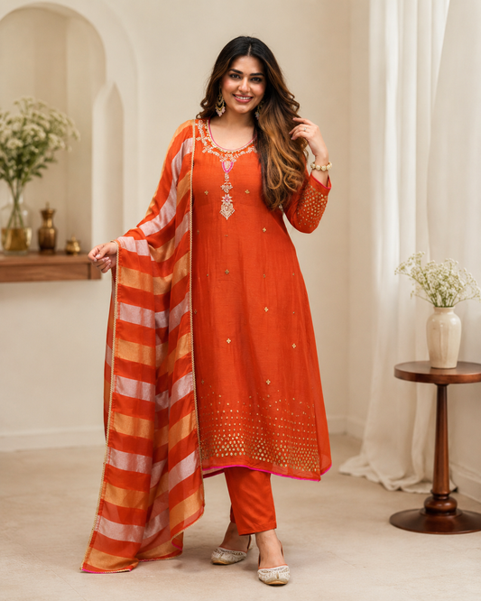 Chunrii Orange Embroidered Mul Chanderi Suit Set with Striped Dupatta