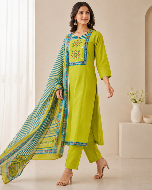 Chunrii Lime Green Embroidered 3-Piece Suit Set