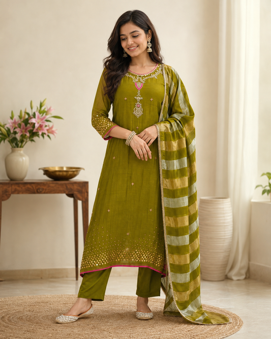 Chunrii Olive Green Embroidered Mul Chanderi Suit Set with Striped Dupatta.