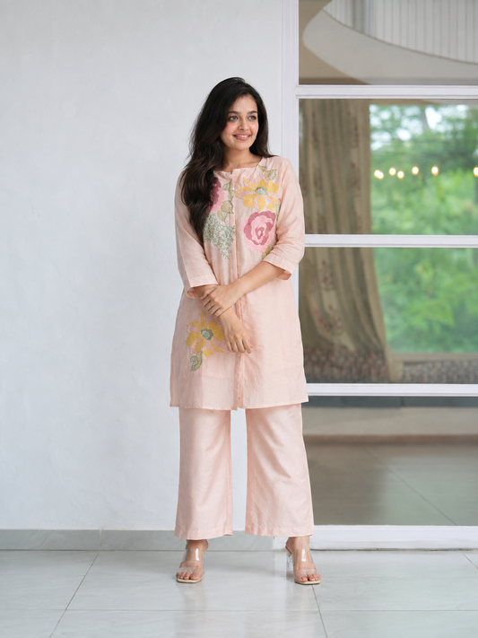 Blush Pink Floral Embroidered Mul Chanderi Co-Ord Set