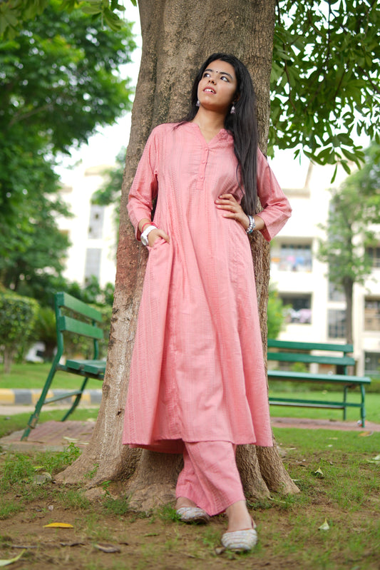 Pink Jacquard A-Line with Straight Palazzo Co-ord Set