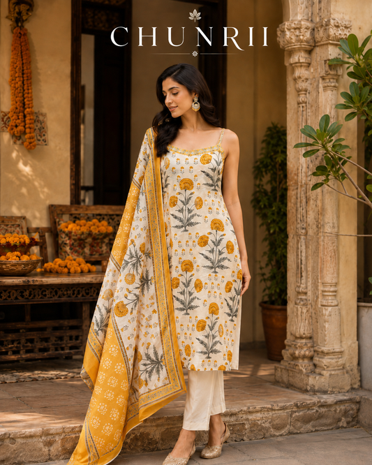 Ivory Blooms Mustard Kurta Set