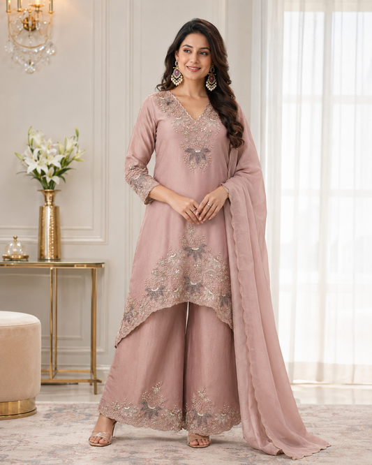 Chunrii Blush Pink Embroidered Tissue Silk Kurta Palazzo Set with Dupatta – Noor
