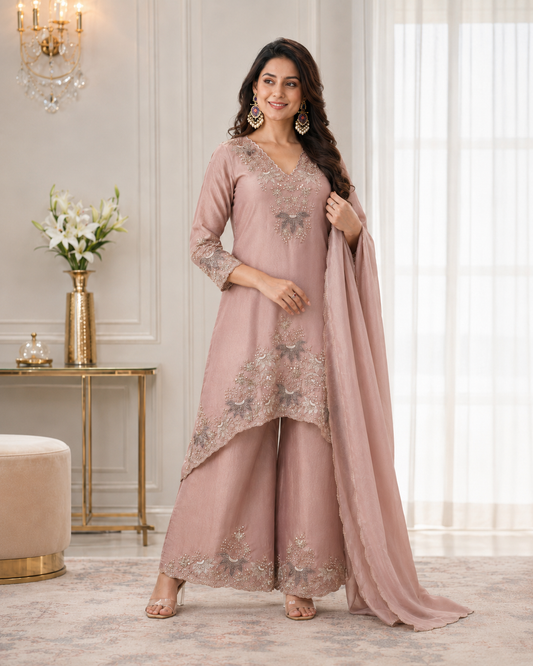 Chunrii Blush Pink Embroidered Tissue Silk Kurta Palazzo Set with Dupatta – Noor