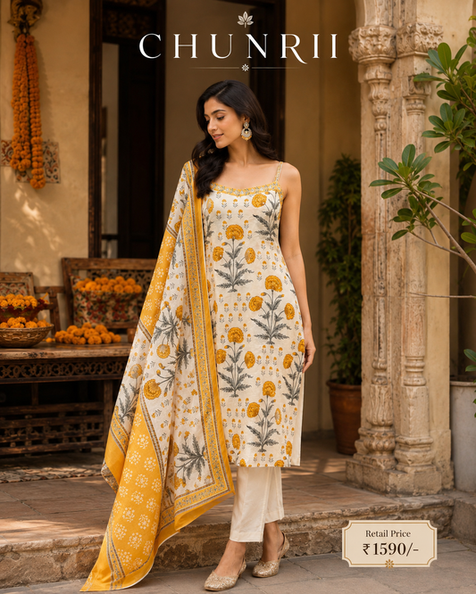 Ivory Blooms Mustard Kurta Set