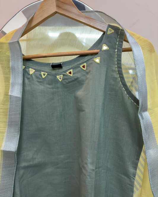 Olive Green Kurta Set with Jaquard Dupatta
