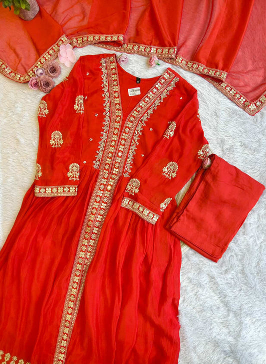 Rust Pure Chinnon Kurta Set