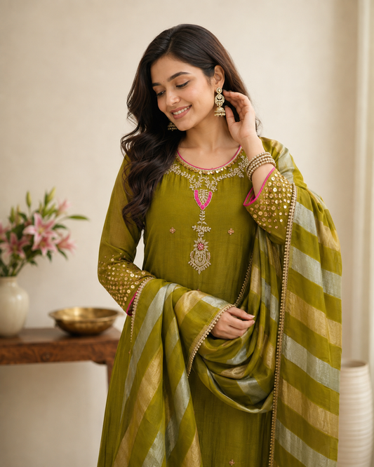 Chunrii Olive Green Embroidered Mul Chanderi Suit Set with Striped Dupatta.
