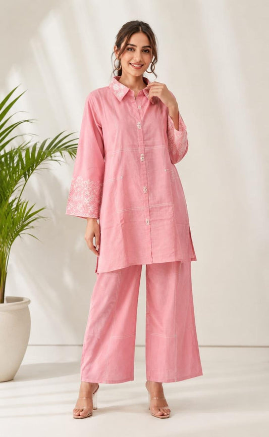 Chunrii Pink Embroidered Pure Cotton Co-Ord Set