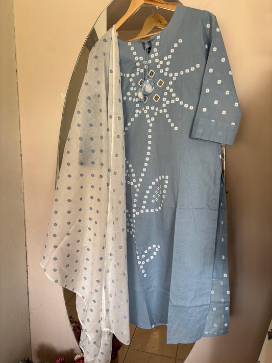 Sky Blue Bandhani Inspired Kurta Set by Chunrii