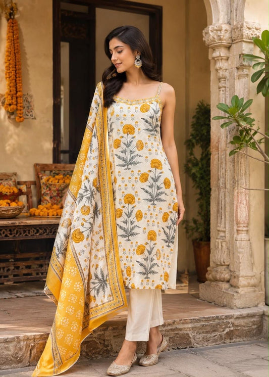 Ivory Blooms Mustard Kurta Set