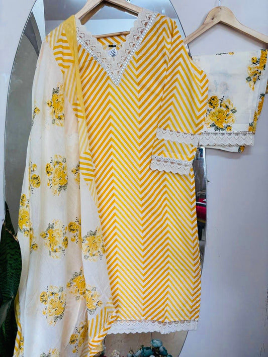 Yellow Chevron Floral Cotton Suit Set